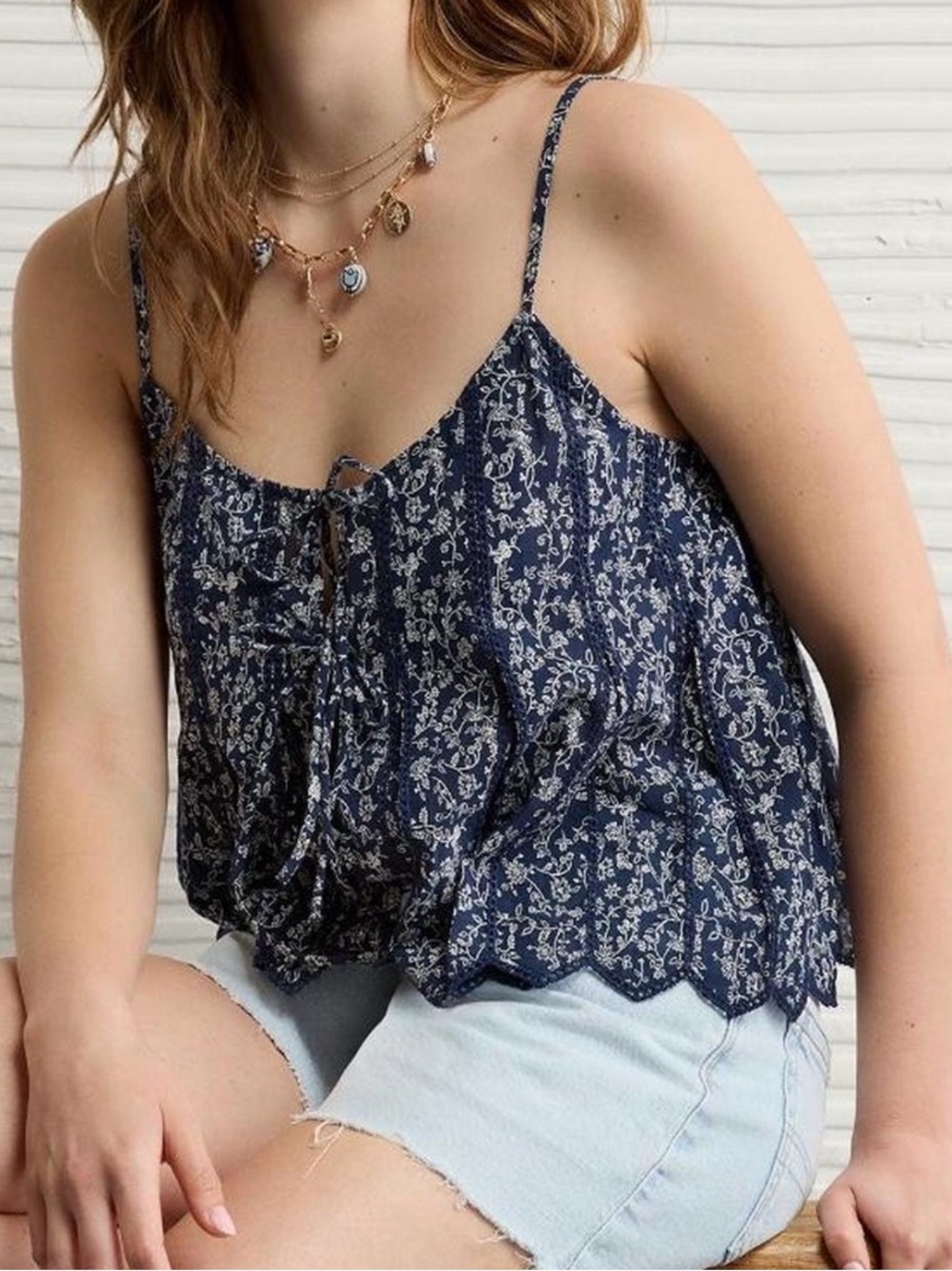 Floral Navy Lace-Trim Cami Top